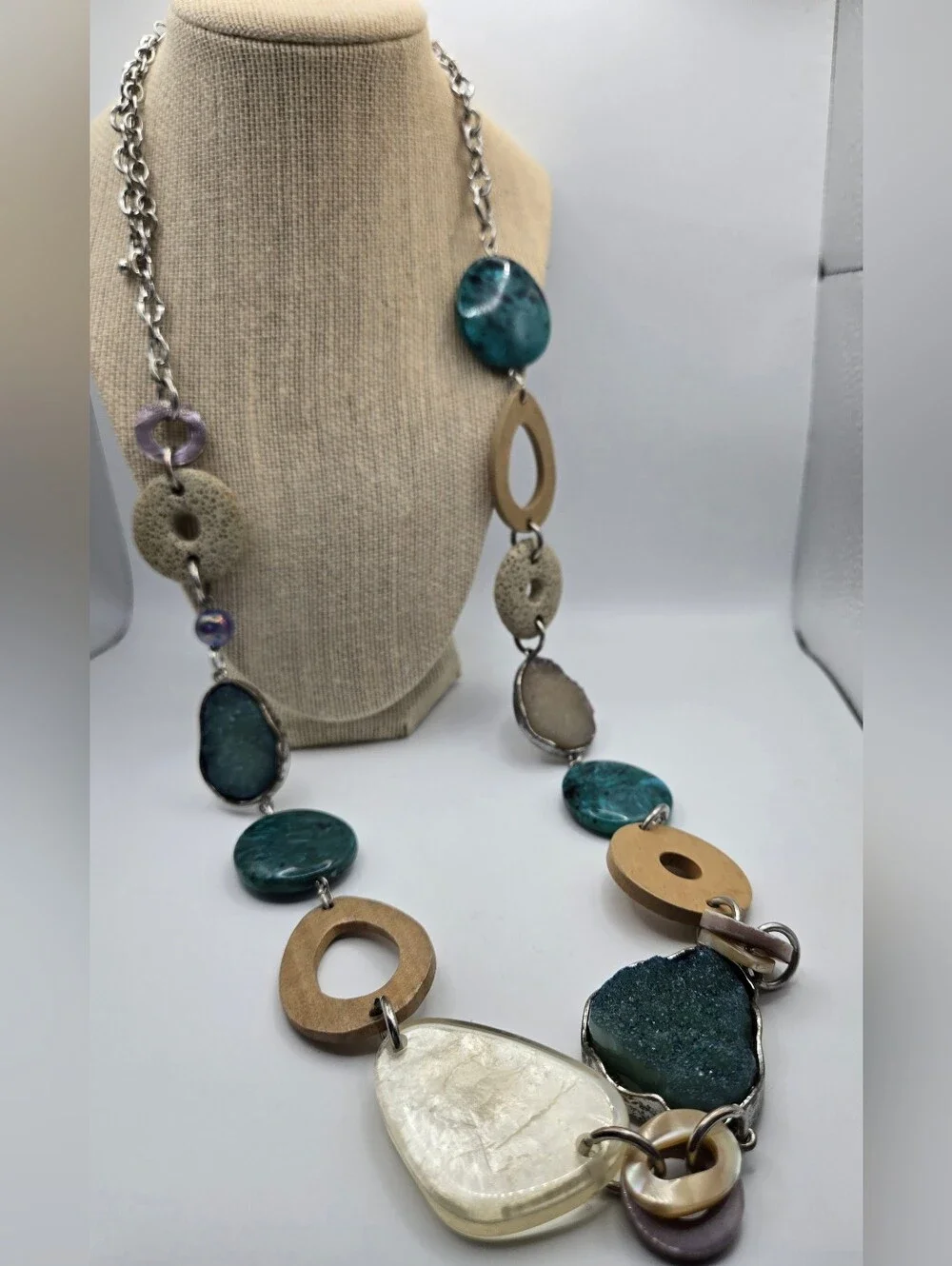 Chico's Teal Wood Silver Mixed Media Necklace Druzy Labradorite Turquoise READ